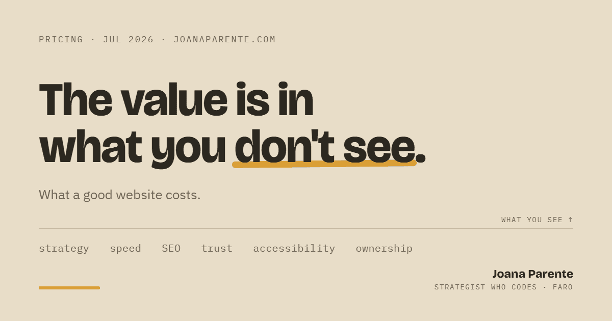 Article cover 'The value is in what you don't see — what a good website costs', showing the six invisible things that make a website valuable: strategy, speed, SEO, trust, accessibility and ownership.