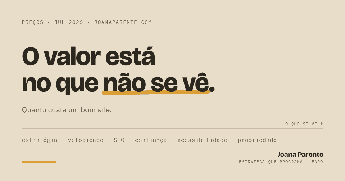 Capa do artigo 'O valor está no que não se vê — quanto custa um bom site', com as seis coisas invisíveis que dão valor a um site: estratégia, velocidade, SEO, confiança, acessibilidade e propriedade.